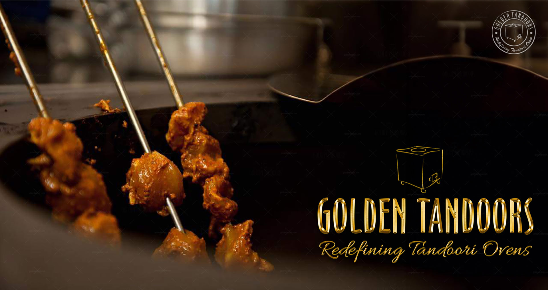 Chicken tikka in tandoor on round skewers stainless steel